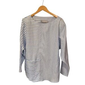 Vtg 80s A.C. Sport Striped Blouse Nautical Casual‎ USA Fit Blue White Top XL